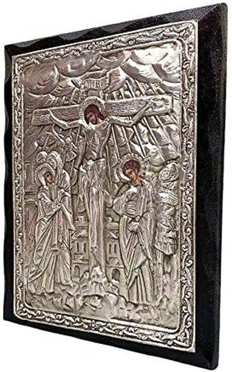 Handmade Greek Christian Orthodox Wood-Metallic Icon of Crucifixion of Jesus Christ (24 X 19Cm or 9.4 X 7.5 In) Solid Wood