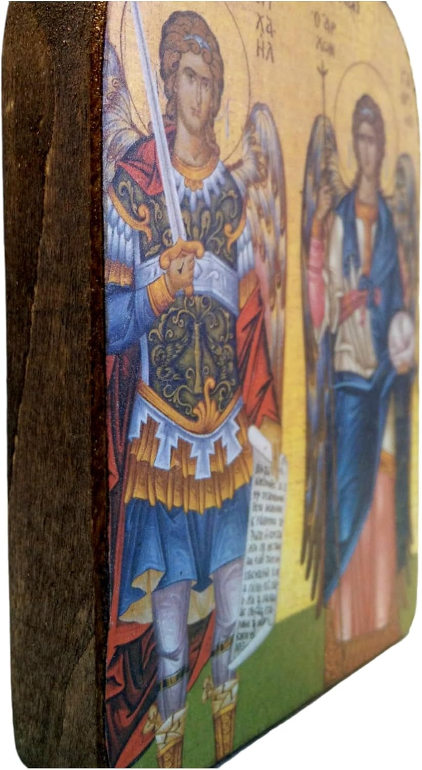 Handmade Wooden Greek Christian Orthodox Mount Athos Icon of Archangels Michael and Gabriel /Mp2 Brown