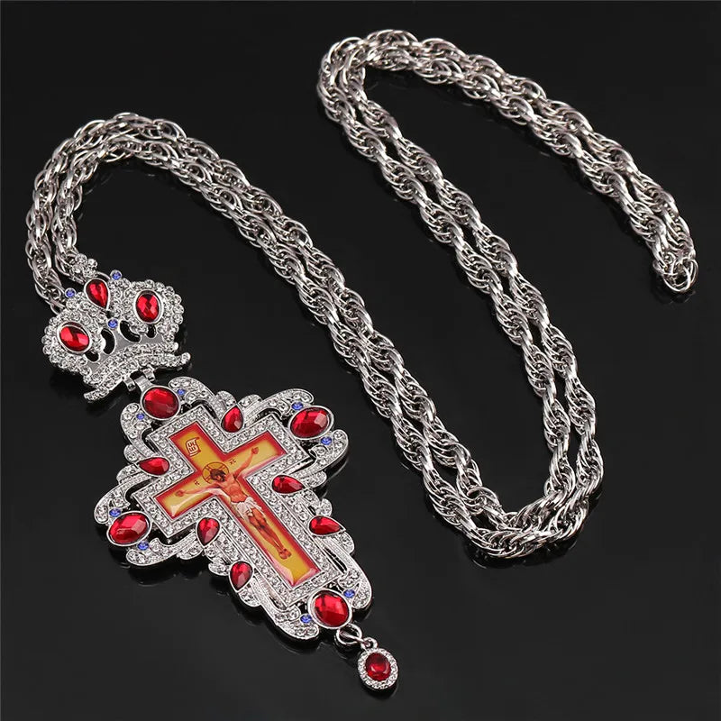 Orthodox Pectoral Cross Red and Clear Crystal