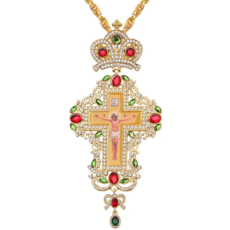 Orthodox Pectoral Cross Red and Clear Crystal