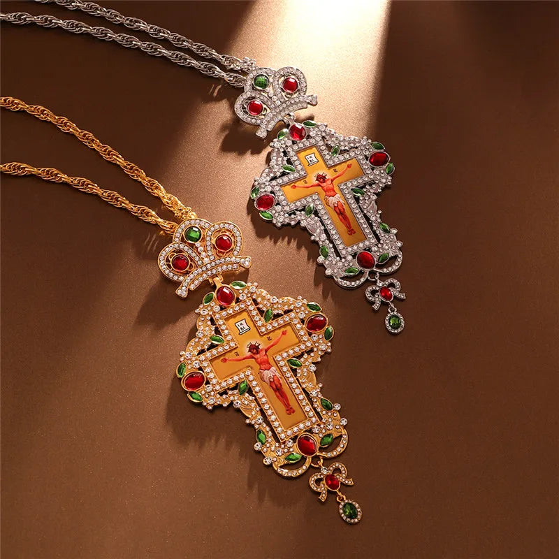 Orthodox Pectoral Cross Red and Clear Crystal