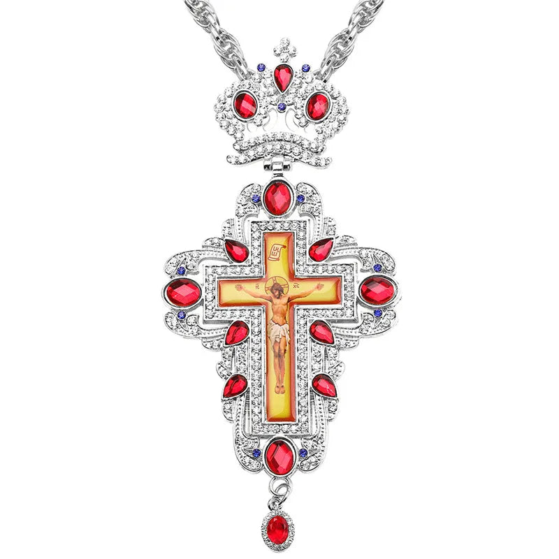 Orthodox Pectoral Cross Red and Clear Crystal