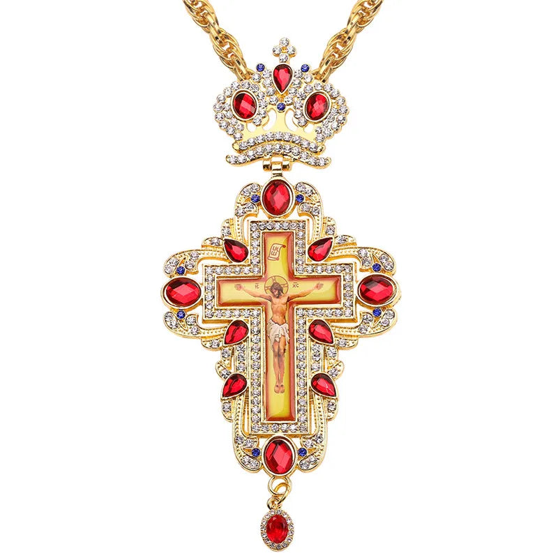 Orthodox Pectoral Cross Red and Clear Crystal