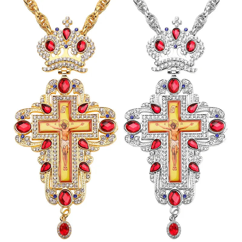 Orthodox Pectoral Cross Red and Clear Crystal
