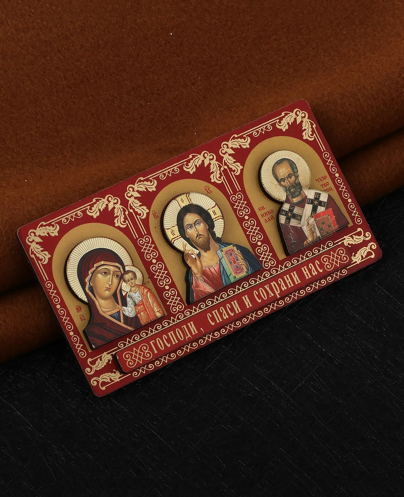 Small Orthodox Wooden Triptych Icon – Christ, Theotokos & St Nicholas