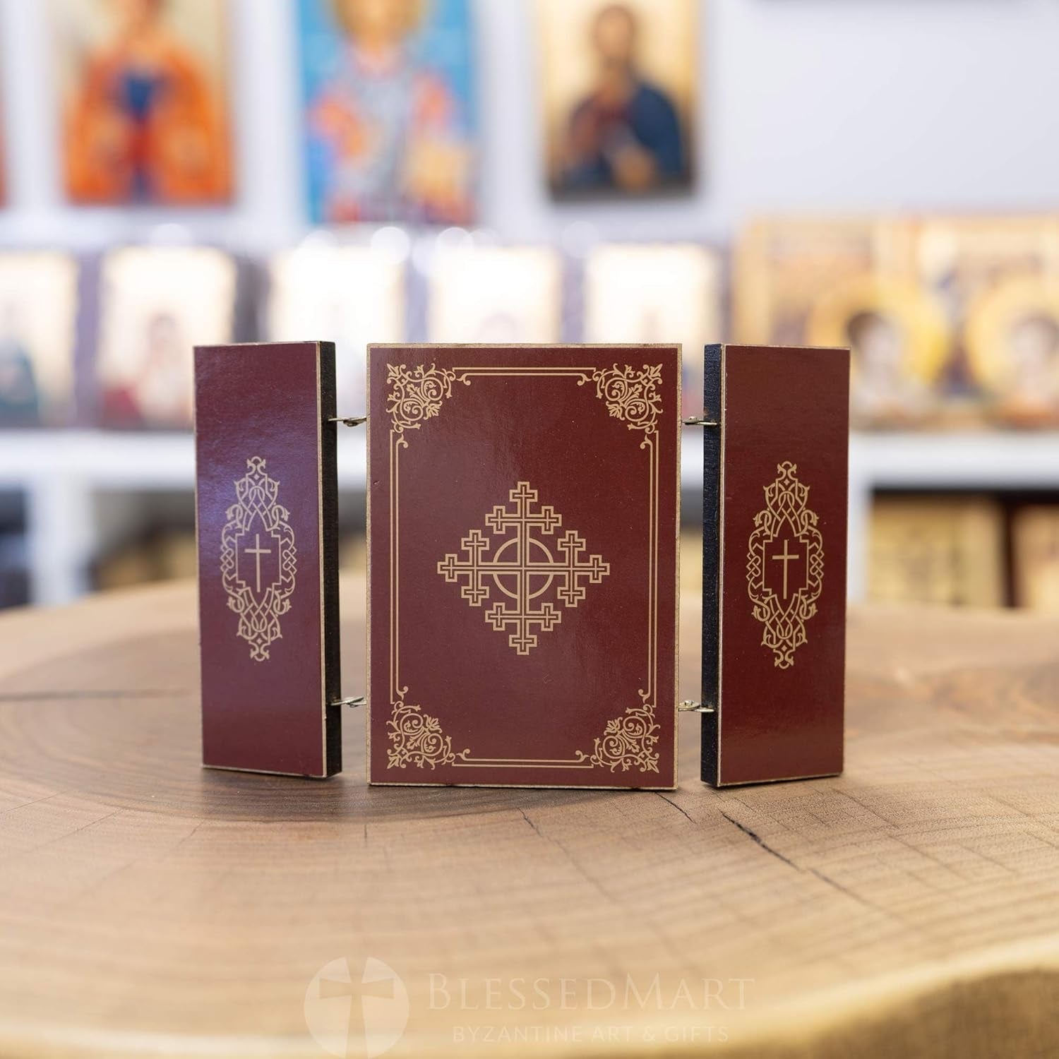 Orthodox Triptych Icon – Folding Wooden Byzantine Icon – Christian Religious Gift & Home Decor – Small Size 3.35" Tall (Panagia Axion Estin)