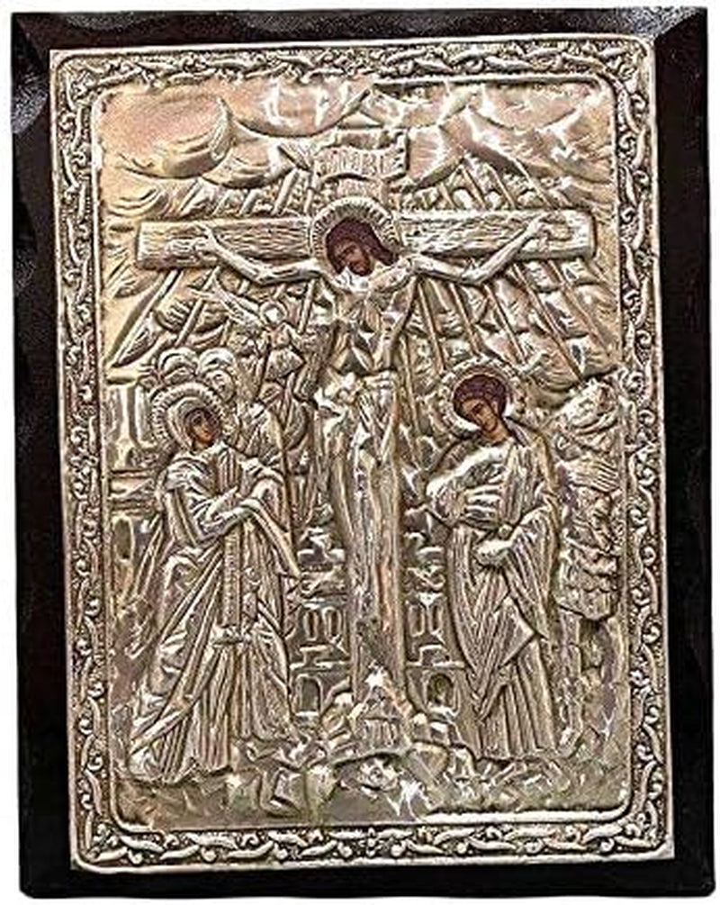 Handmade Greek Christian Orthodox Wood-Metallic Icon of Crucifixion of Jesus Christ (24 X 19Cm or 9.4 X 7.5 In) Solid Wood