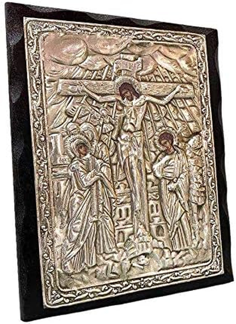 Handmade Greek Christian Orthodox Wood-Metallic Icon of Crucifixion of Jesus Christ (24 X 19Cm or 9.4 X 7.5 In) Solid Wood